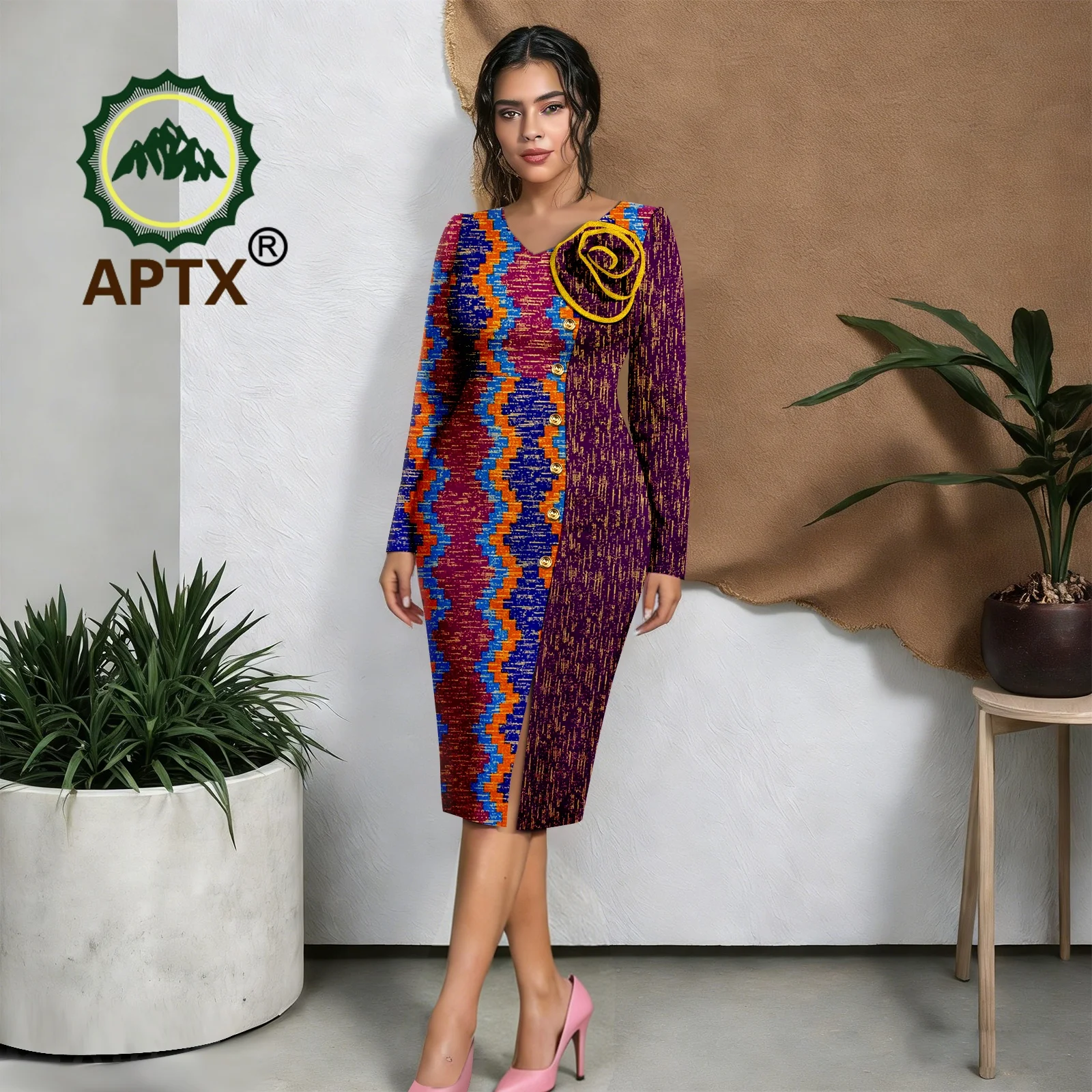 African Women's Printed Dresses Ankara V-Neck Full Sleeve Knee-Length Patchwork Dress Dashiki Casual Party Wedding Dress