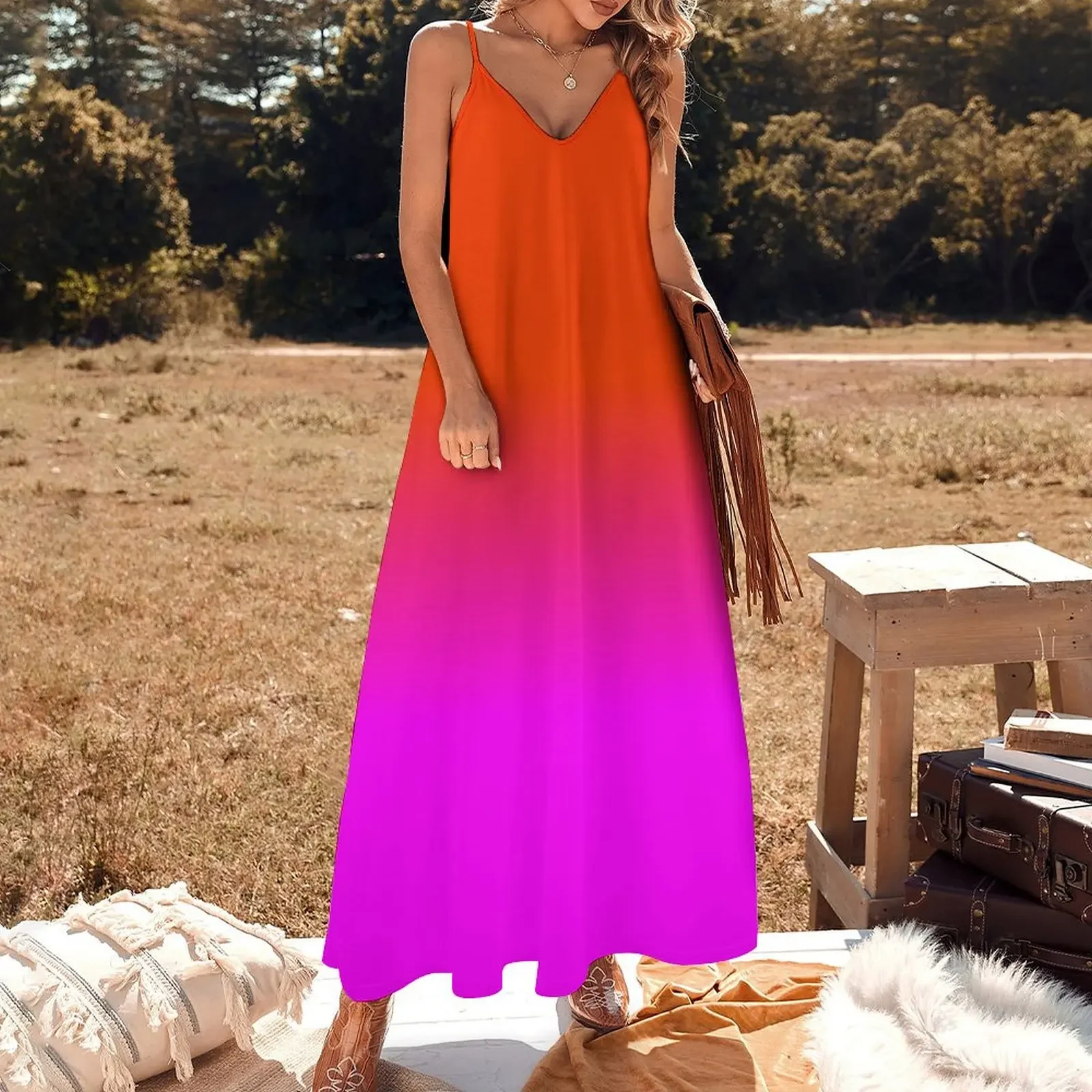 Neon Orange and Hot Pink Ombre Shade Color Fade Sleeveless Dress dress dress for women 2024