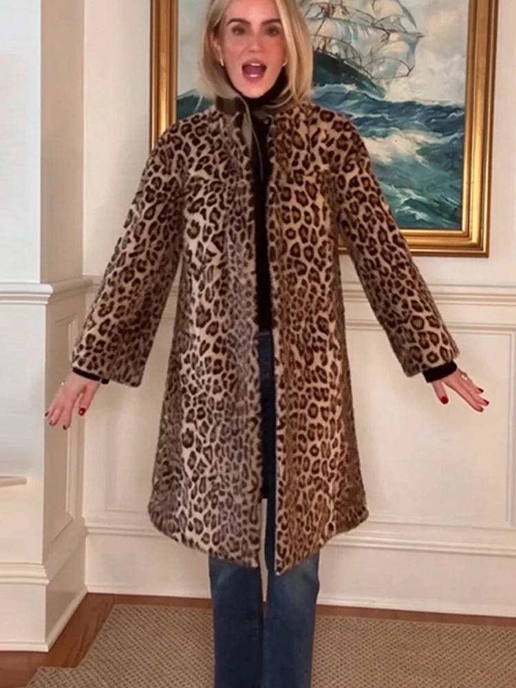 Casual Leopard Print High Collar Single Breasted Faux Fur Long Coat Button-Up 2026 Winter Women Coat Warm Lady Furry Outerwear