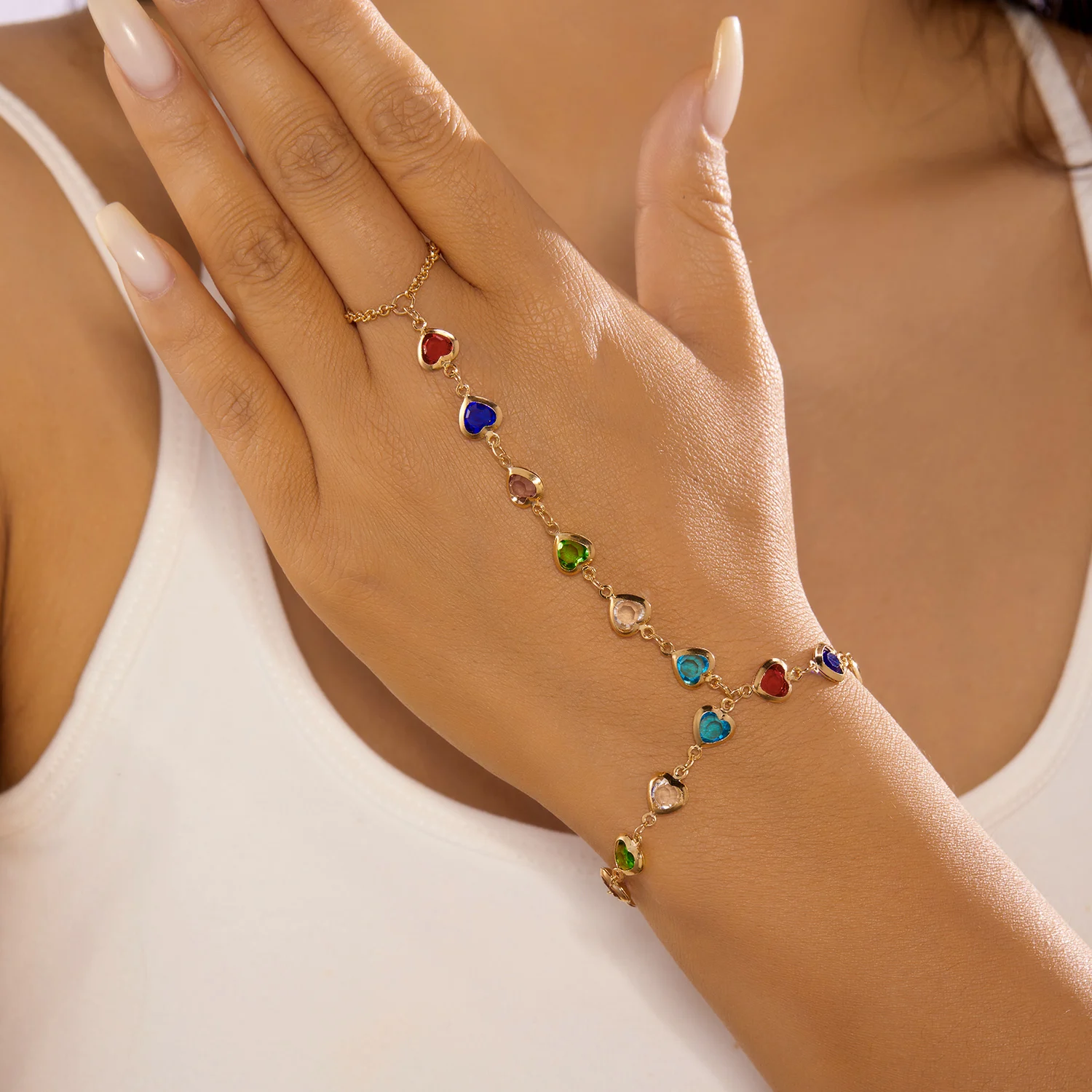Licht Luxus Bunte Liebe Herz Quaste Kette Ring Mit Armband Link Handgelenk Kette Finger Ringe Für Frauen Hochzeit Schmuck – Detail 1