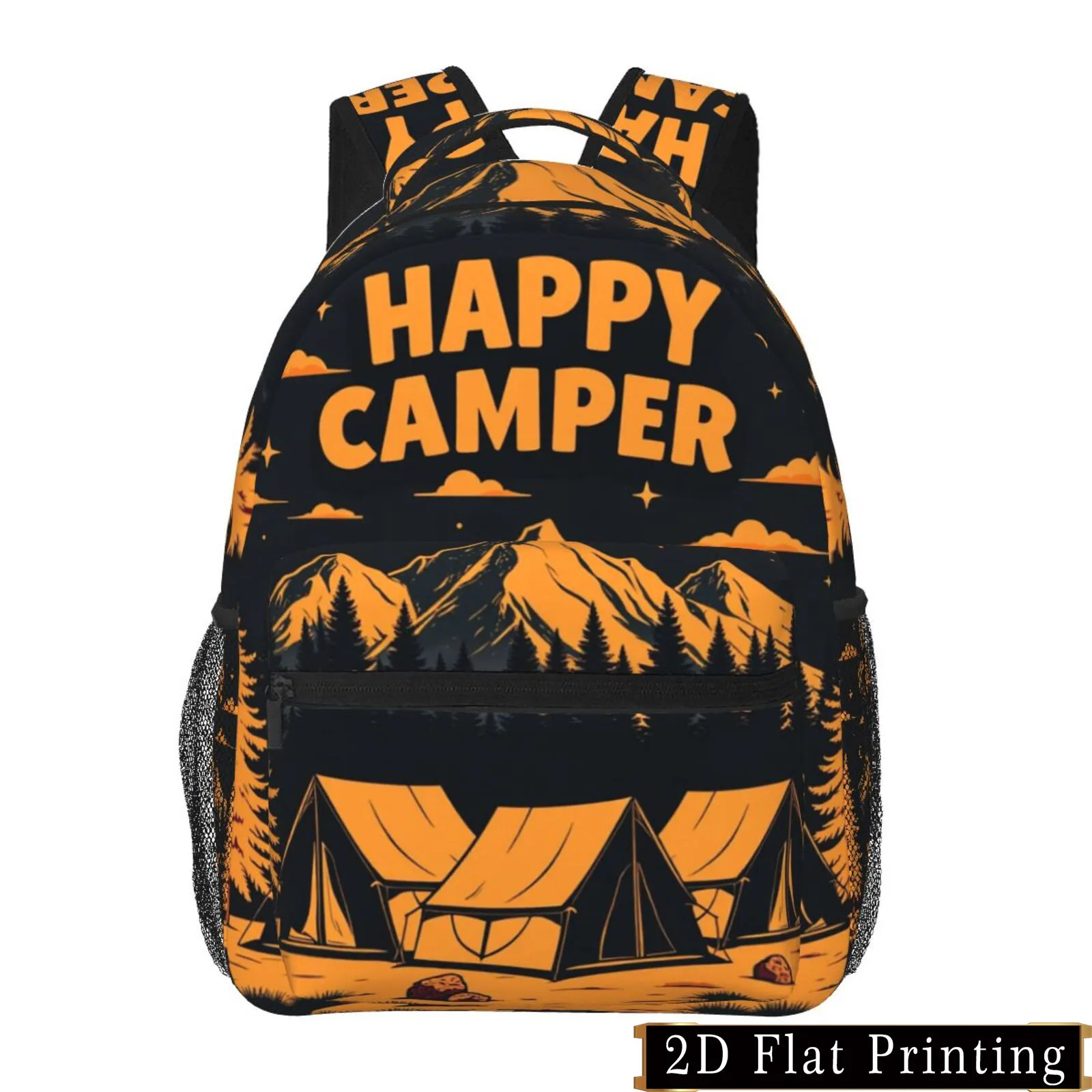 Happy Camping Print Pattern Shoulder Strap and Waist Protection Design Backpack Fashionable iPad Laptop Bag Large Capacity