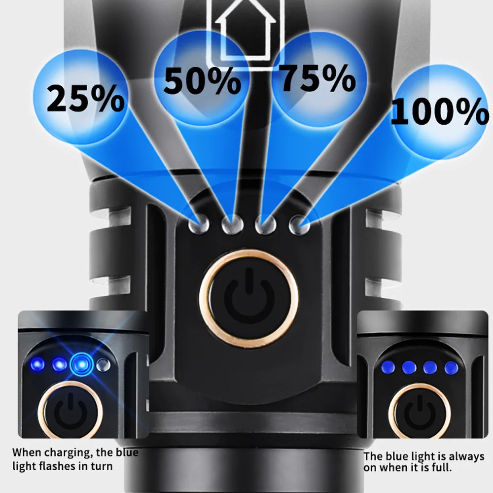 Imagem -04 - Usb Lanterna Led Recarregável Alta Potência Zoom Lanterna Tática Long Shot Tocha Flash Light 9999m 500w 9000000lm