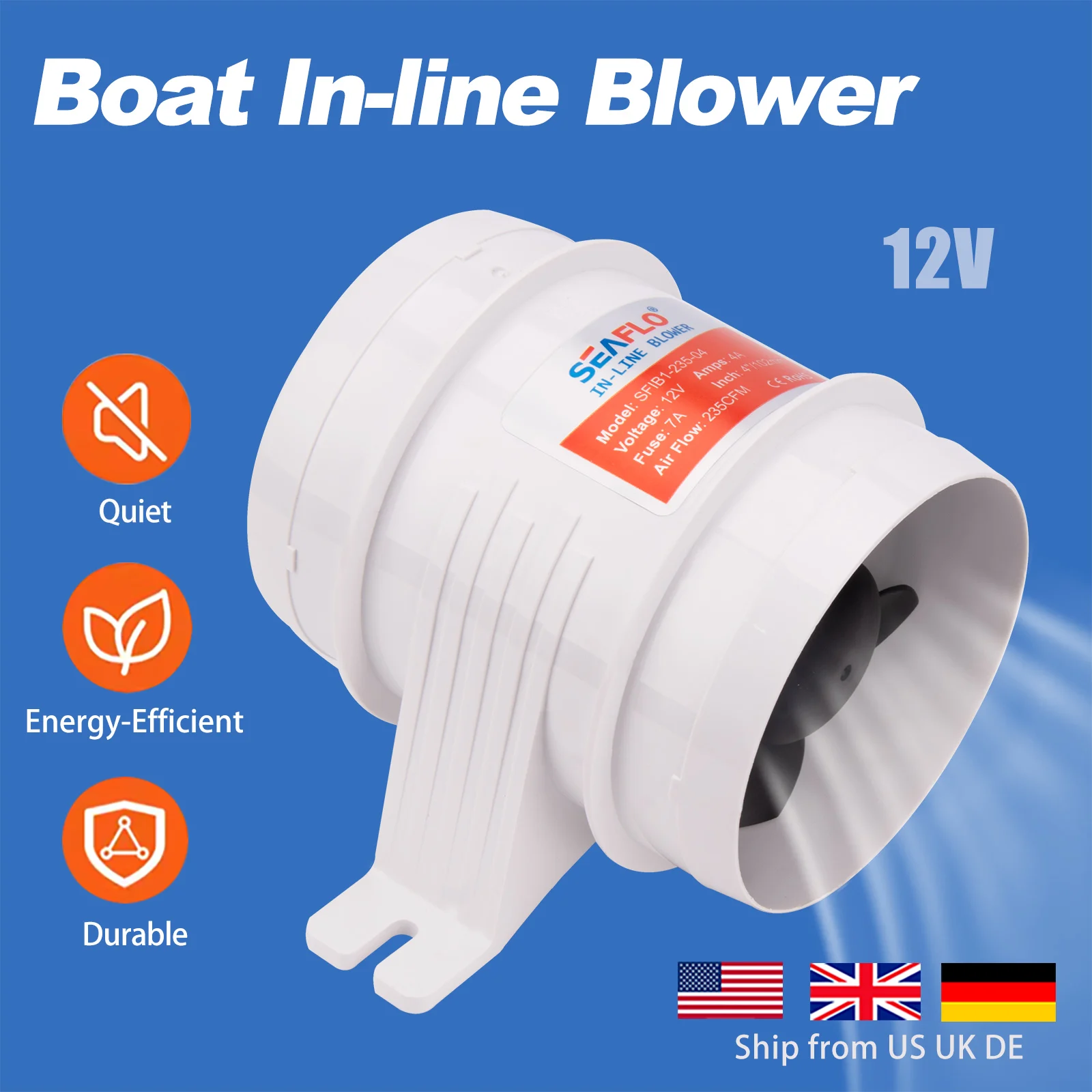 

4-дюймовый 12-вольтовый морской трюмный вентилятор | 235CFM линейная вытяжная вентиляция в помещении с прямым потоком двигателя