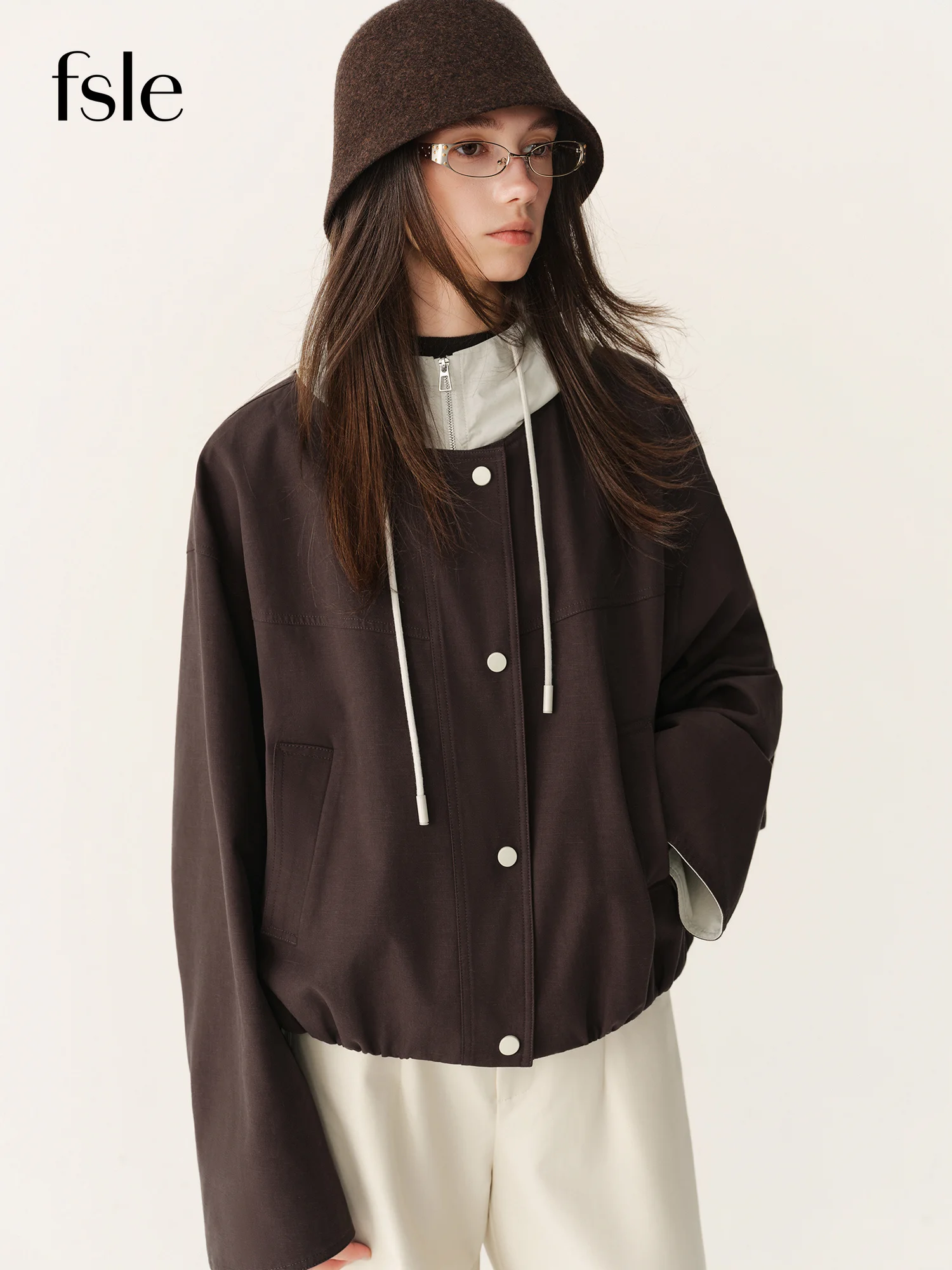 FSLE 2026 Autumn New Arrival Women Color Block Drawstring Hooded Short Jacket Cotton Utility Cropped Coat Streetwear Chic Style