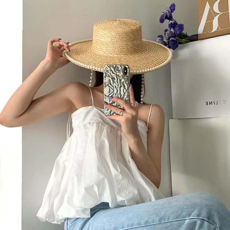 Wheat Straw Sun Hat For Women Summer Pearl Wide Brim Floppy Panama Fishermen Hats Female Lady Outdoor Foldable Beach Sun Caps