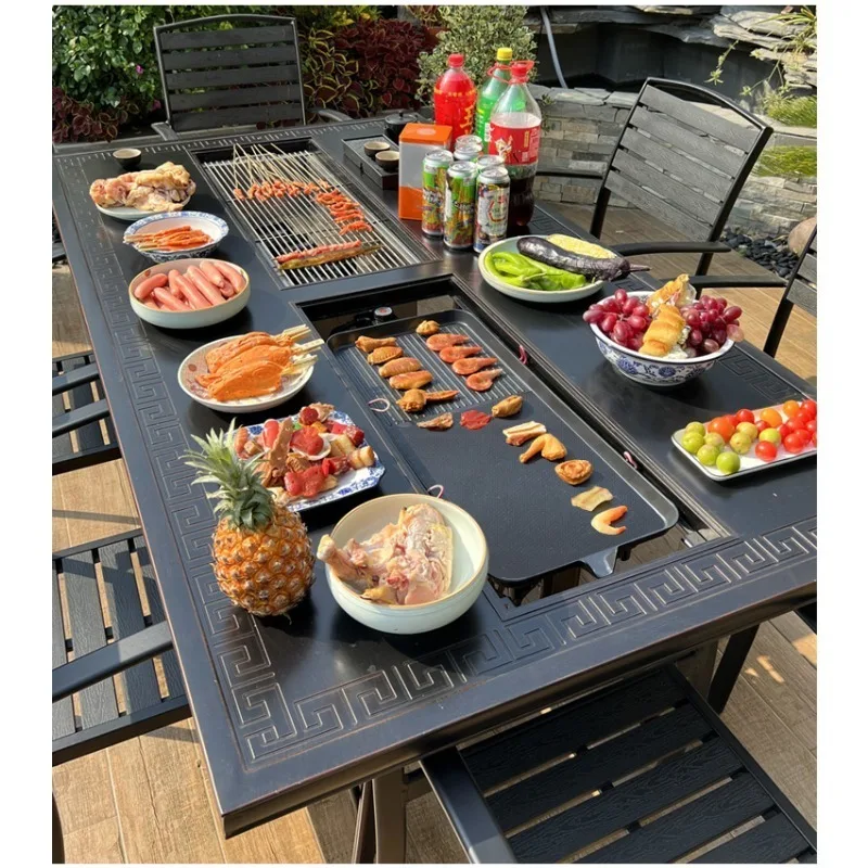 Cast Aluminum Outdoor Dining Set 6-8 Seater Table Chairs BBQ Grill Patio Garden Restaurant Hotel Villa Furniture