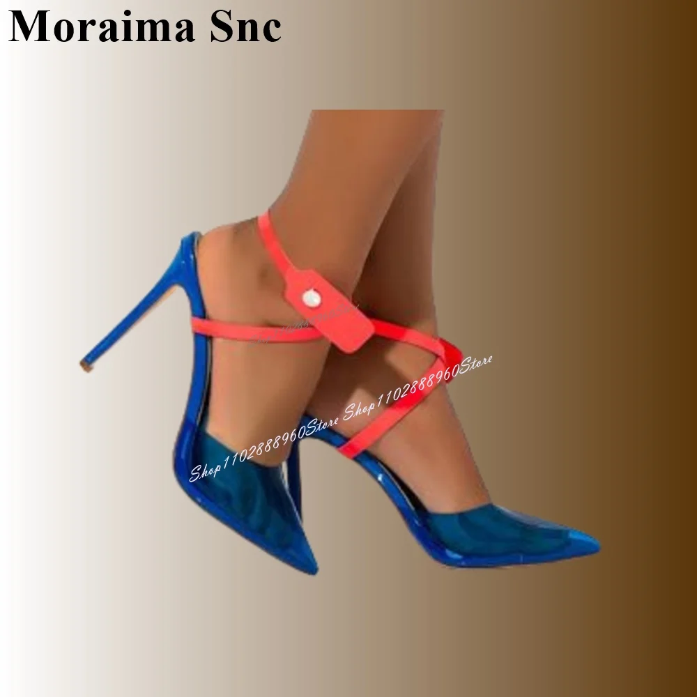 

Casual Blue PVC Cut Heel Sandals Thin High Heel Women Shoes Ankle Buckle Strap Pointed Toe 2024 Fashionable Zapatos Para Mujere