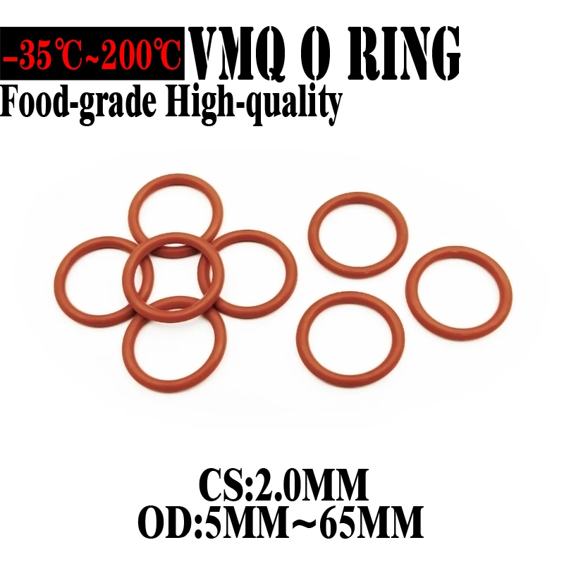 

50pcs Red VMQ Silicone O Ring CS 2mm OD5mm ~ 65mm FoodGrade Waterproof Washer Rubber Insulated O Shape Seal Gasket