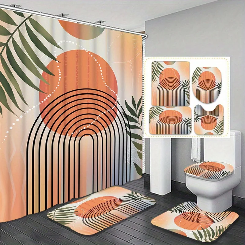 

4pc Green palm leaf and warm orange retro bathroom set, shower curtain, U-shaped mat, non-slip mat, toilet seat cover.