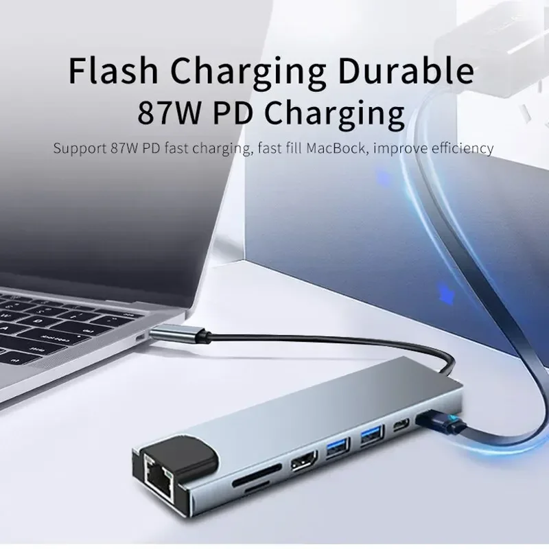 

USB 8-in-1 Type C Hub Adapter with SD TF Card Reader RJ45 PD Fast Charge for MacBook Laptop