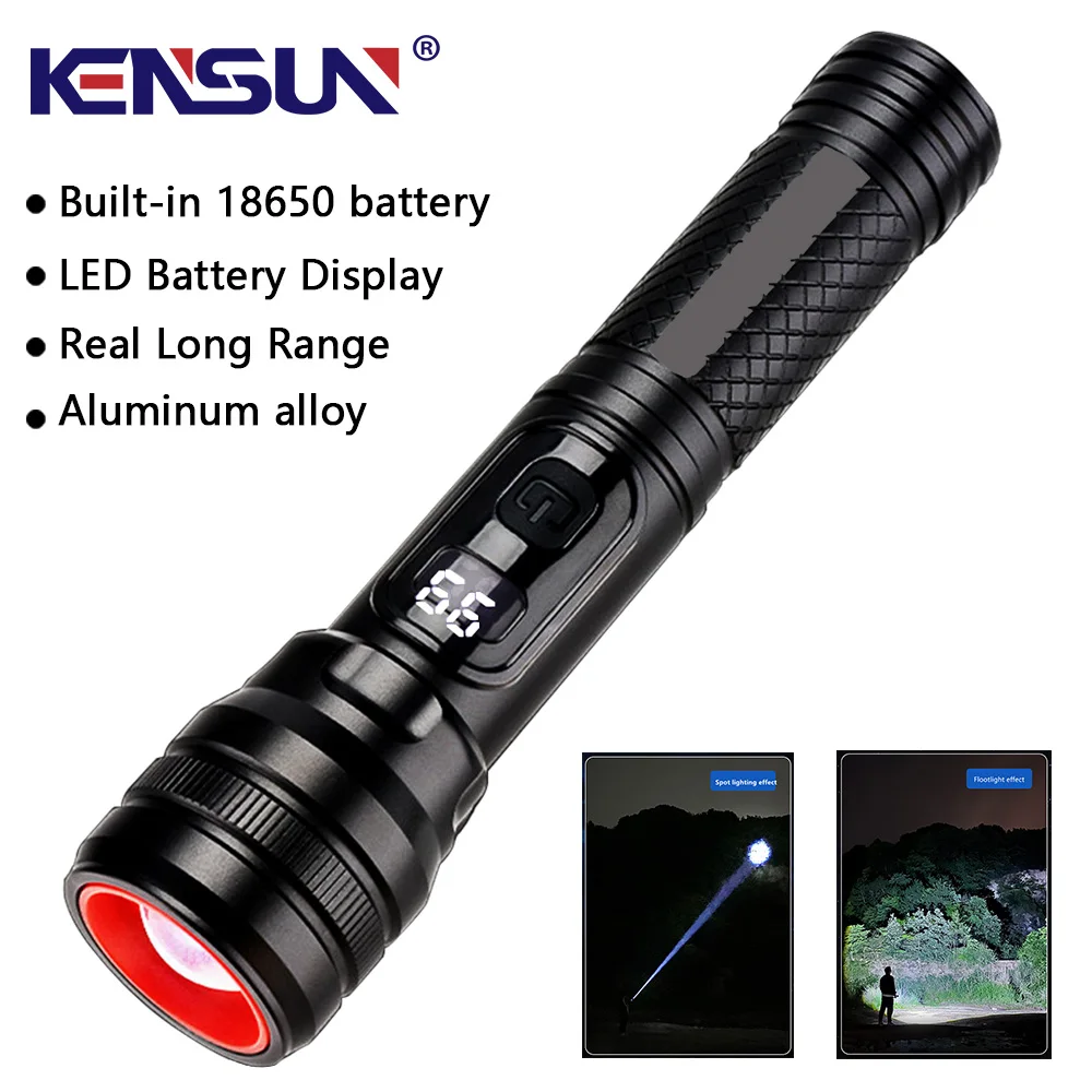 Portable Spotlight Long Range LED Flashlight Built-in 18650 battery Aluminum Alloy Zoom With Bicycle Clip For  Outdoor Camping