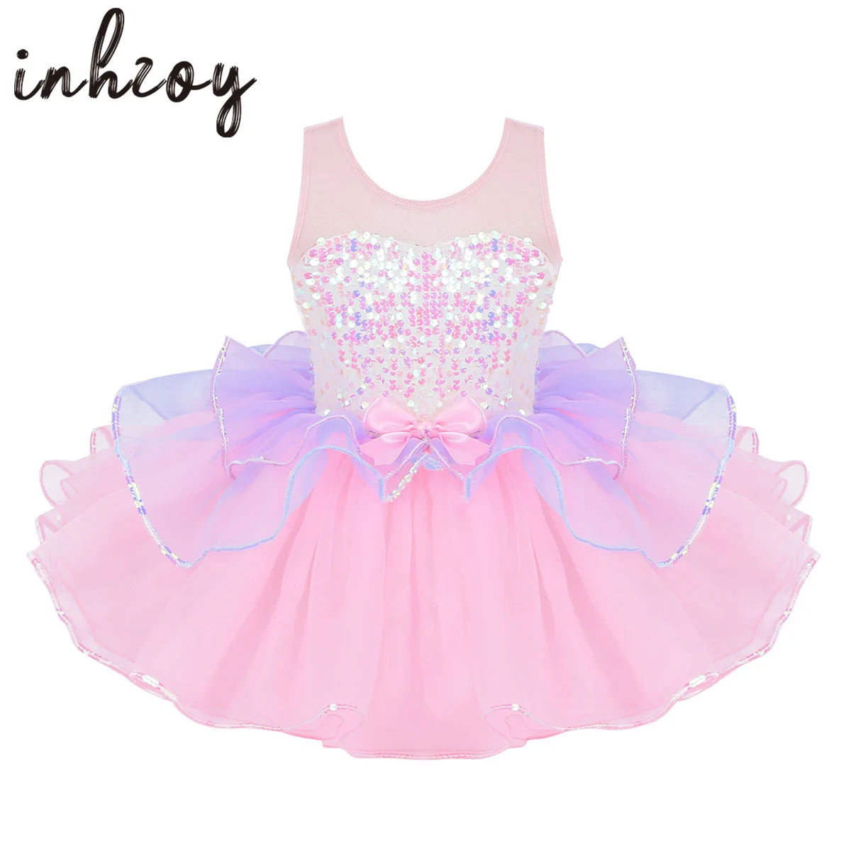 Child Sequins Ballet Tutu Dress Kids Girls Shiny Gymnastics Leotard Mesh Splice Bowknot Ballerina Dancewear Rave Party Outfit