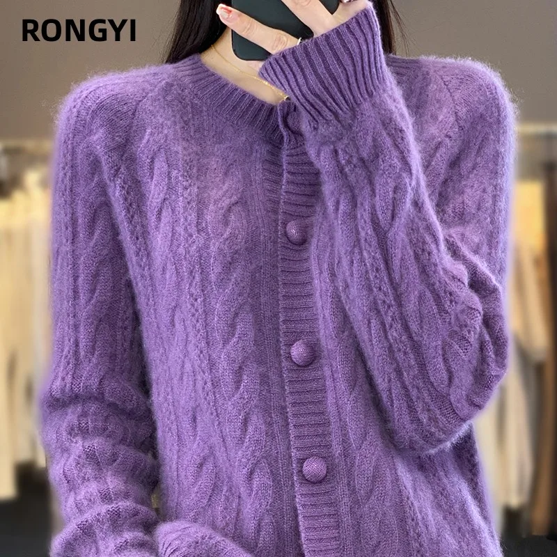 RONGYI 100 %Wool Cashmere Cardigan Autumn Winter New Large Size Twist Coat High-End Knitwear Sweater Shirt Loose Women Thick Top