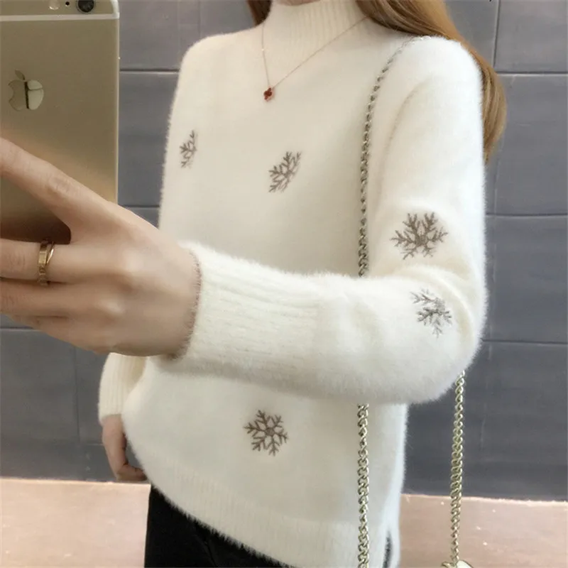 Mink Cashmere Half Turtleneck Sweater Women Slim Short Hem Split Pullover Fashion 5 Color Snowflake Embroidery Knit Tops Female