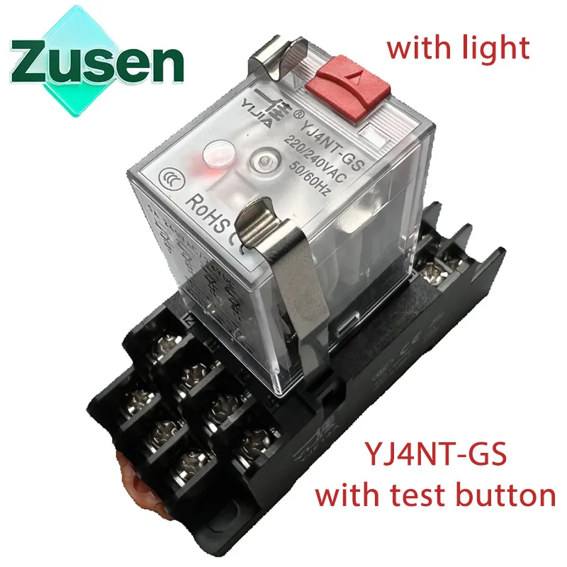 Zusen YJ4NT-GS Small Intermediate Relay with Test Button AC 220V DC 12V 24V 3A Coil Low Power 4 Groups of 14 Pins