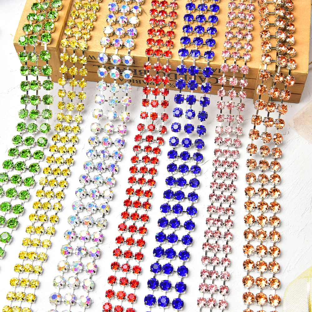 3Rows Round Handmate Rhinestones Chain Crystal Glass Trim Fancy Gemstone Cup Chain DIY Garment Accessories Nail Art Decoration