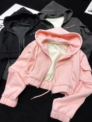 [YOZOU] Winter Thick Warm Fleece Cropped Top Hooded Sweatshirt Zip-up Hoodies Coat Jackets Kpop Pink Barbiecore Tracksuit