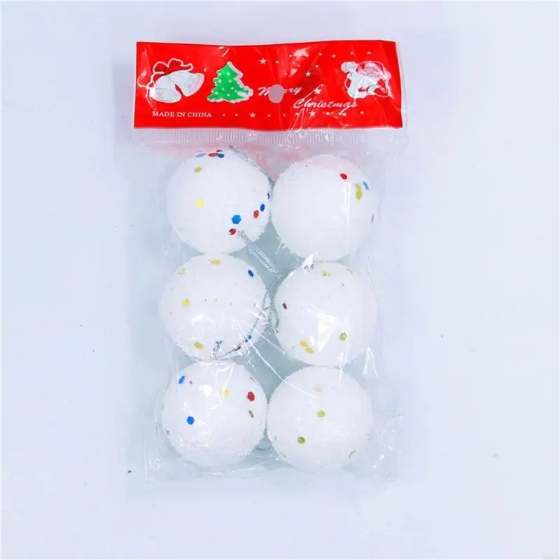 G99A 6Pcs Foams Snowballs White Round Balls with Glitters Star Christmas Tree Hanging Pendants Ornaments Home Party