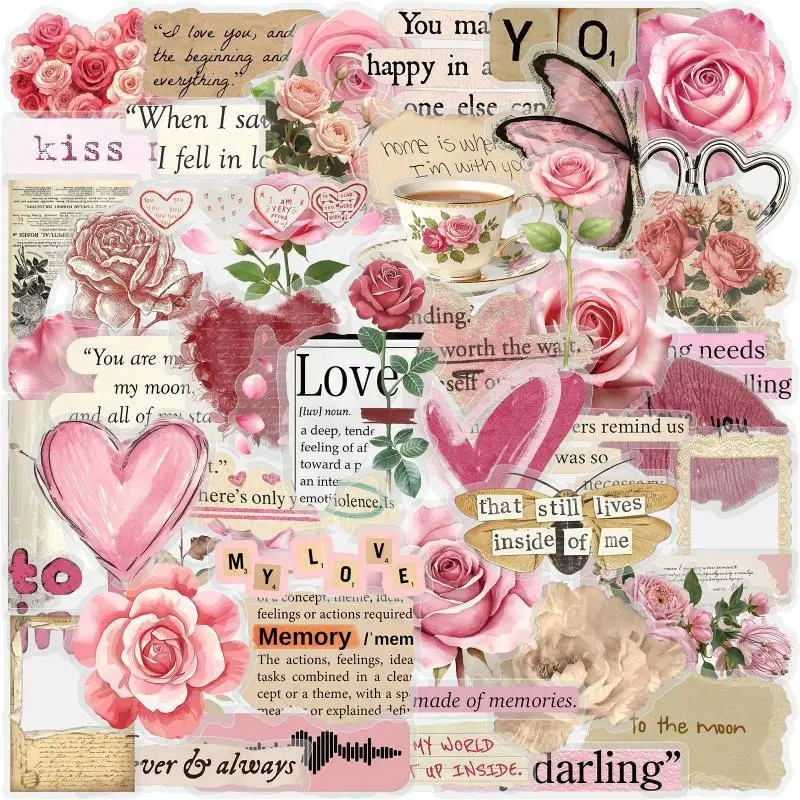 50 Pcs Vintage Rose & Love PVC Graffiti Stickers Retro Style Unique Decorative Journal Labels Handmade Art Supplies