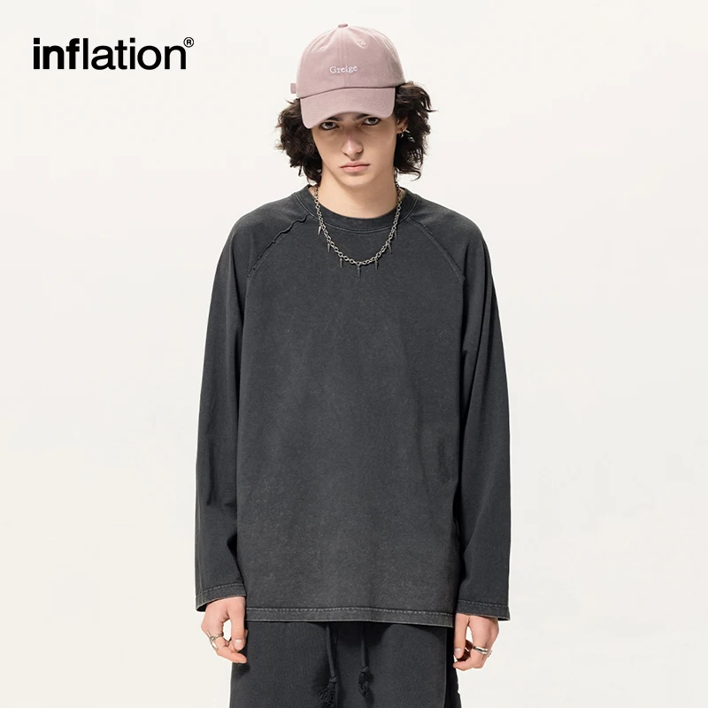 INFLATION Dirty Washed 270G Heavyweight Long-Sleeved Men Solid Color Unisex Washed Distressed T-shirt