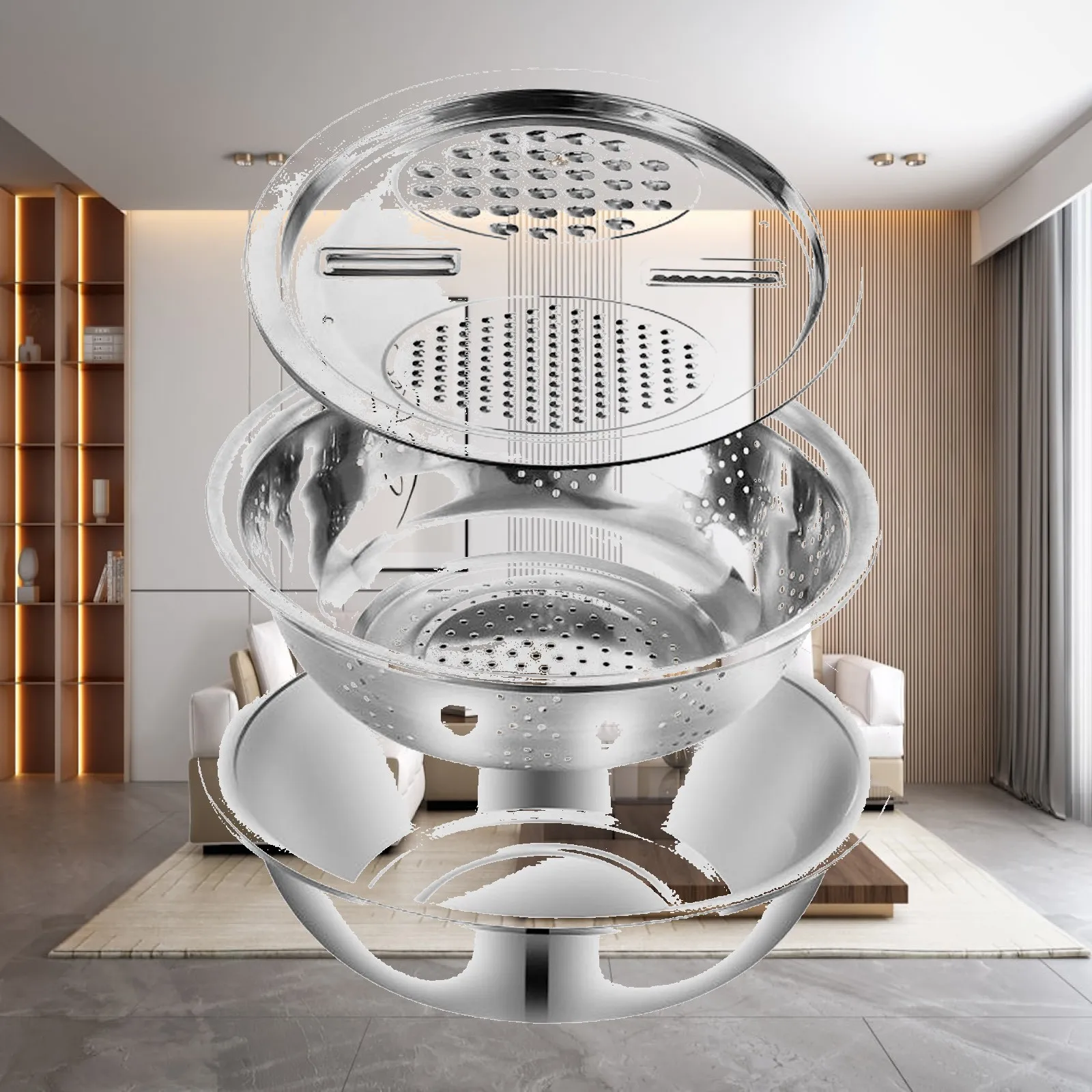 

Compact Drain Basket Vegetable Cutter Stainless Steel Basin with Shredder and Grater for Daily Kitchen Tasks