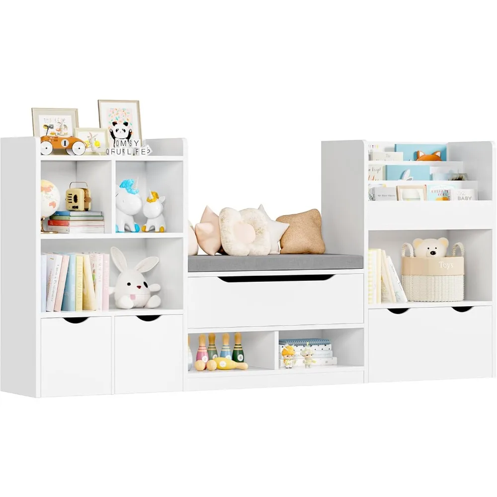 72” Kids Bookshelf with Reading Nook, Super Large Toy Storage Organizer with Seat Cushion and 3 Movable Drawers