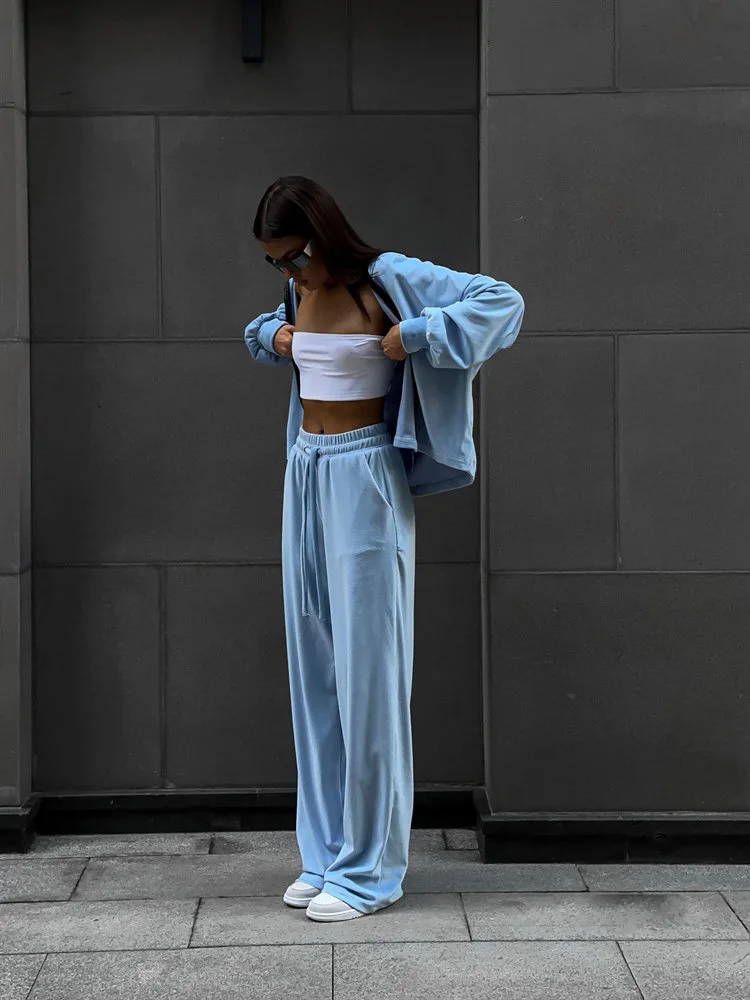 レディースパンツ2点セット 秋冬 無地 カーディガン ストリートスタイル ハイウエスト スウェットシャツ Conjunto 2 Piezas Para Mujer