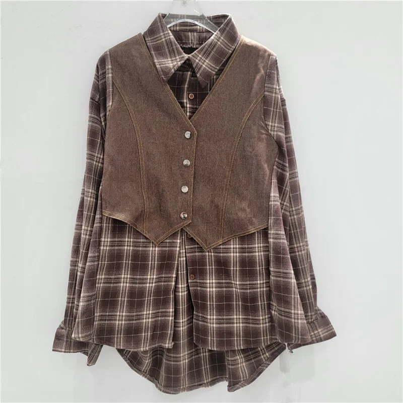 HKSH Autumn Winter New Women Shirt Fake Two-Piece Turn-Down Collar Long Sleeve Plaid Spliced Contrast Color Stylish Tops HK10042