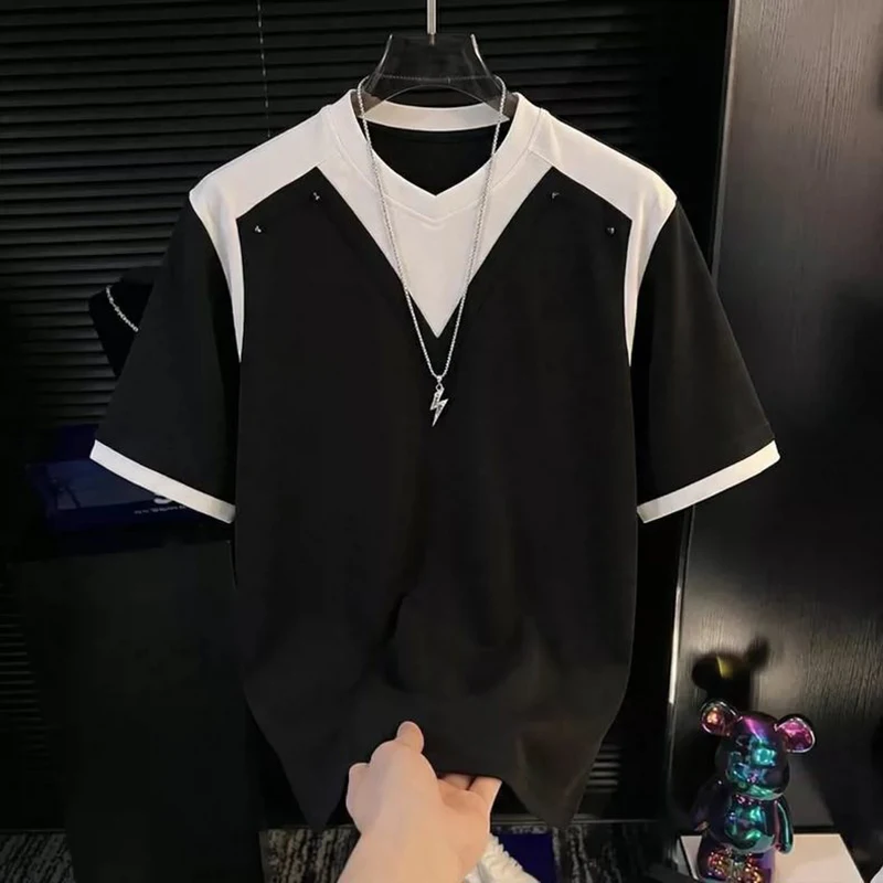 Men 2026 Summer New Arrival V-Shape Contrast Color Rivet Waffle Knit Loose Raglan Sleeve Casual Streetwear T-Shirt Trend Tops