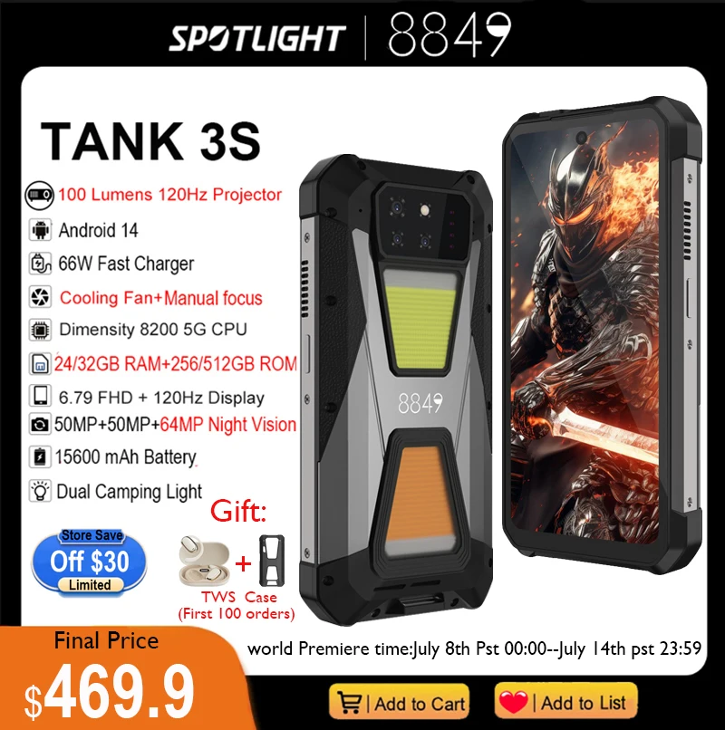 8849 Tank 3S Unihertz Rugged Smartphone with Projector 5G 12/16GB RAM 256/512GB ROM Dimensity 8200 64MP Night Vision Dual Sim