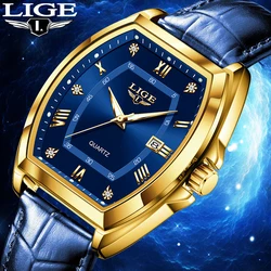 New LIGE Leather Tonneau Shape Quartz Man Watch Fashion Military Luminous Waterproof Casual Diamond Date Outdoor Watches for Men