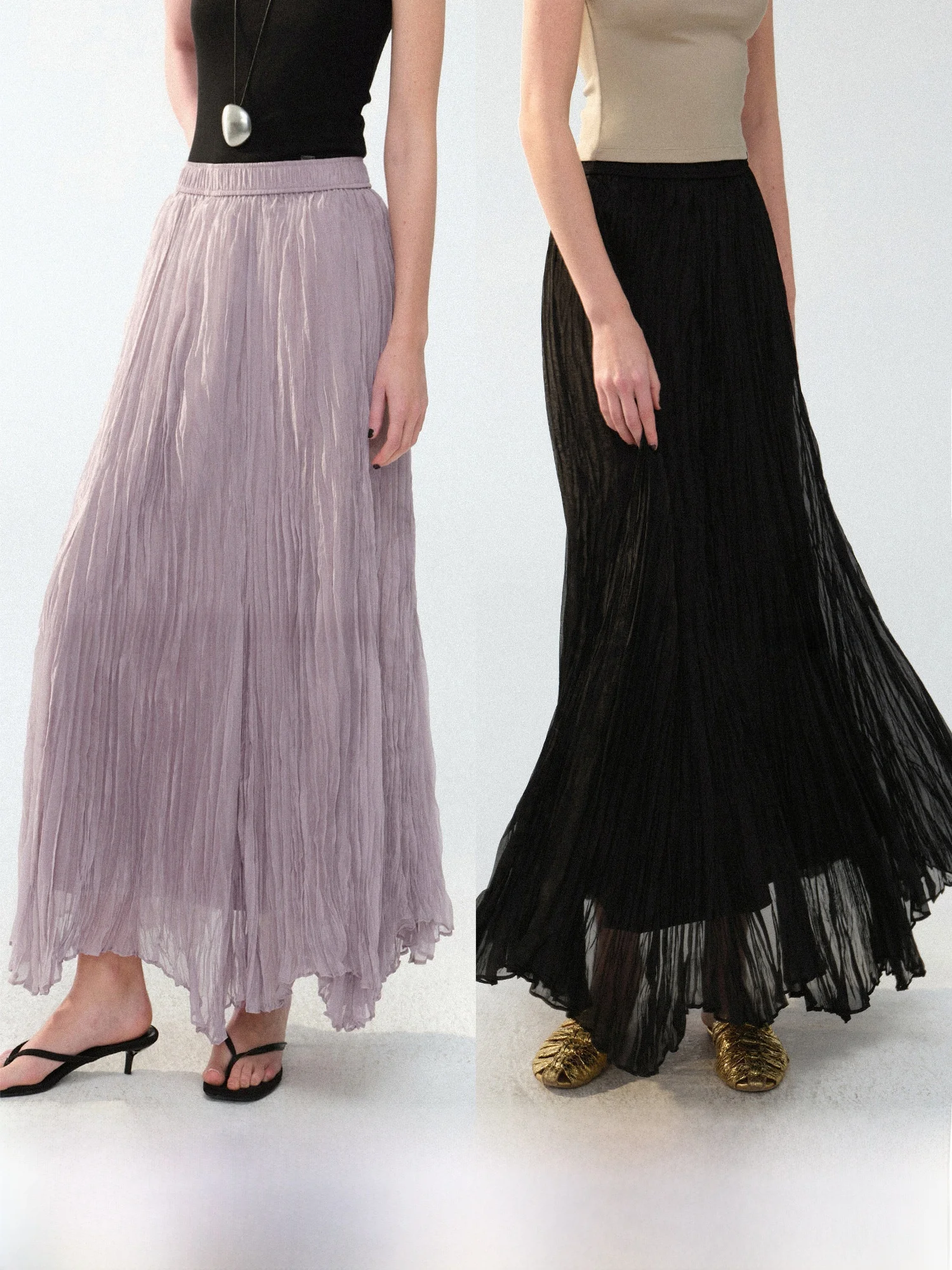 

Mogas Handmade Pleated A-Line Long Skirt Asymmetrical Casual Style Women's mid Waist Elastic Waist Polyester Nylon Blend Skirt