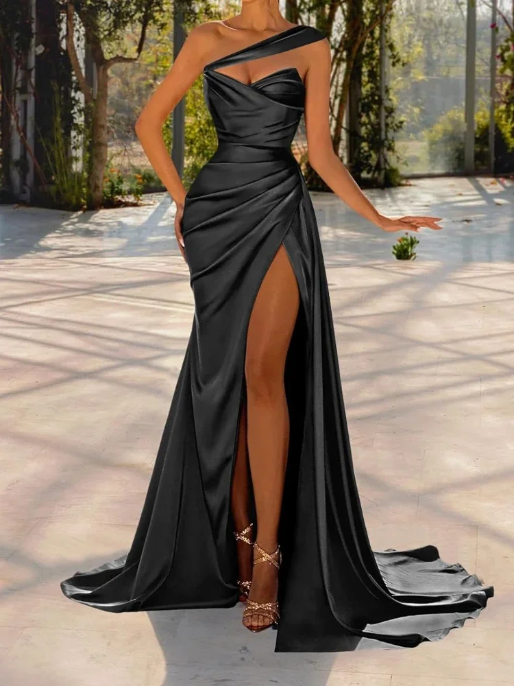 Customized Customized Chic One Shoulder Satin Party Dresses Simple Euramerican Luxury Long Prom Gown Temperament Split Design Ve