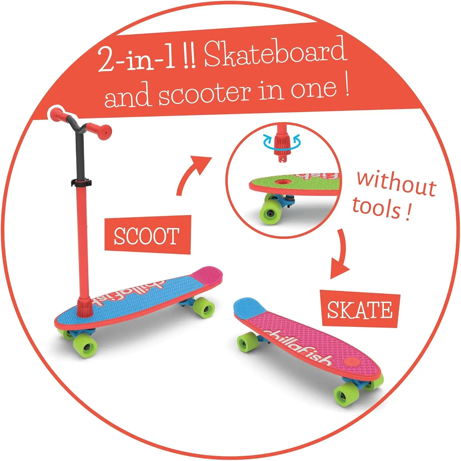 Skatieskootie Customizable Training Skateboard and LeantoSteer Scooter with Detachable Stability Handlebar Ages 3+