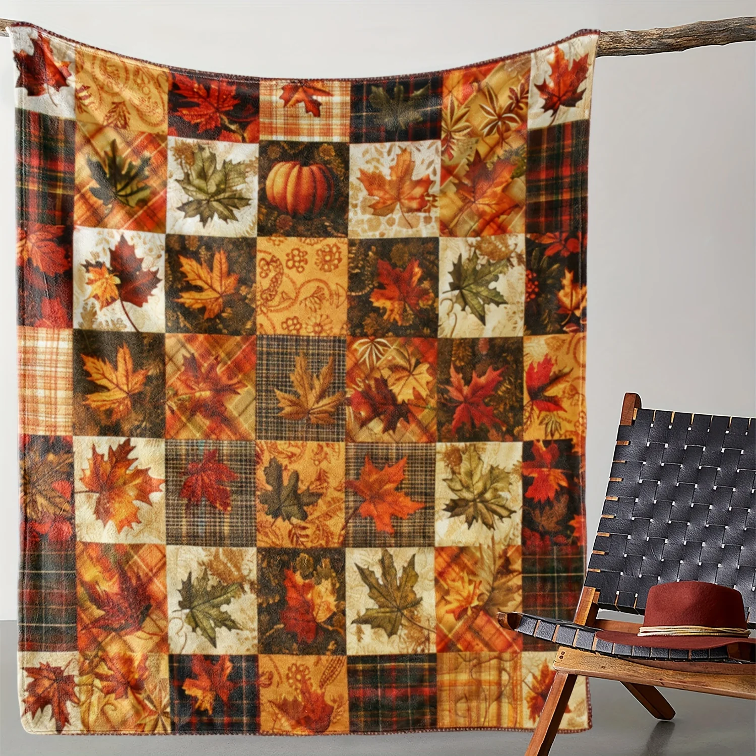 1pc Vintage Autumn Pumpkin and Maple Leaf Plaid Print Flannel Throw Blanket Cozy Soft Knitted Polyester, All-Season Lightweight