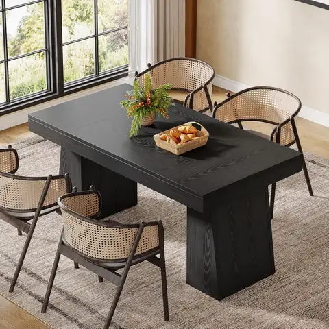 Mesa de comedor negra para mesa de comedor moderna de mediados de siglo de 4 a 6, 55 pulgadas con pedstral doble, madera rectangular, personalizada