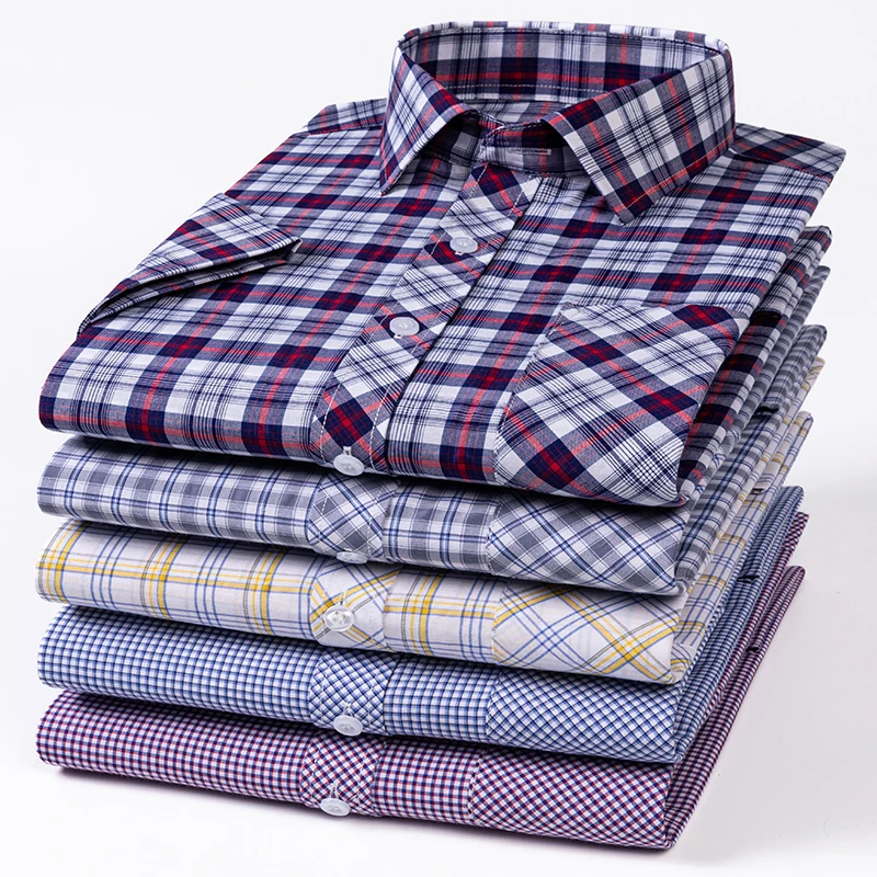 Plus size 6XL 100%cotton summer short sleeve shirts for men slim fit plain shirt thin plaid soft fashion casual elegant clothes