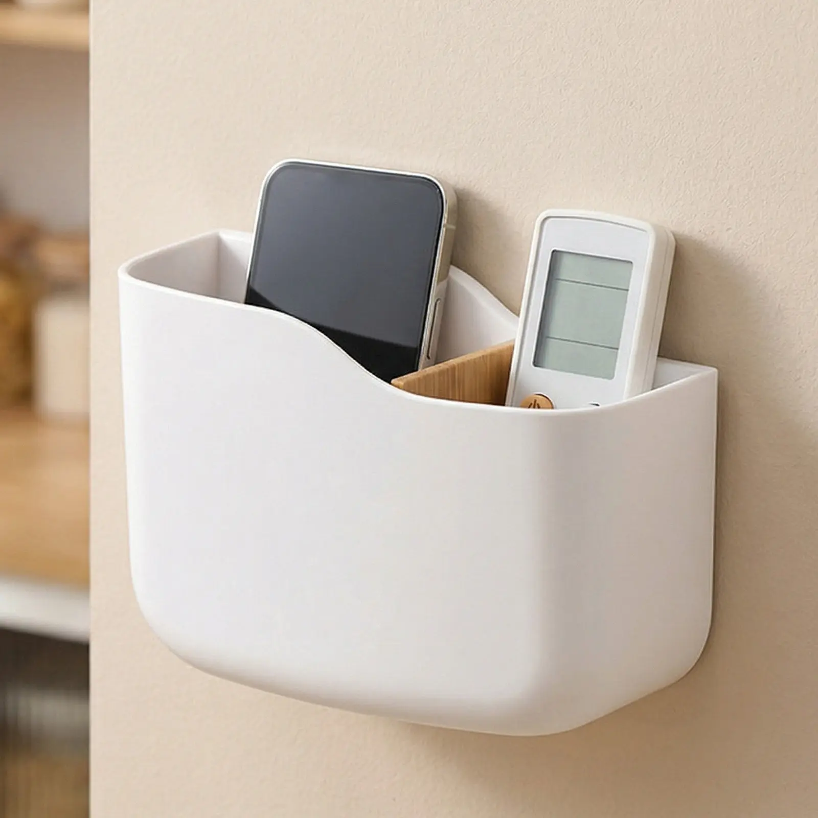 3Pcs Remote Control Holder Wall Mount Organizer Bamboo Divider No Drill Media Player Storage Box Phone Charging Rack for Living view 4