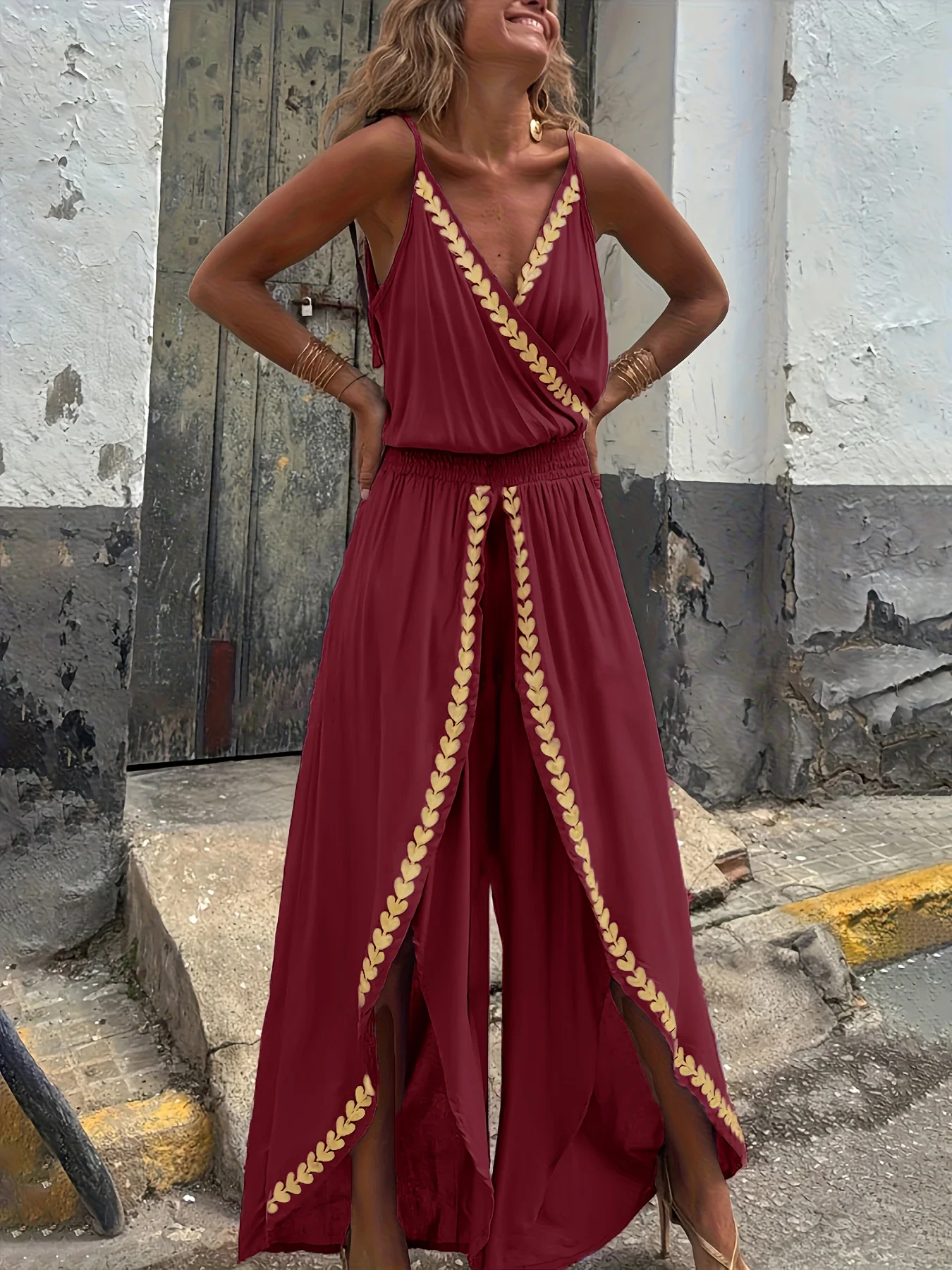 Women's Casual Purple Jumpsuit Gold Embellished Wrap Neck Split Legs High Waist Great for Bohemian Trips City Walks