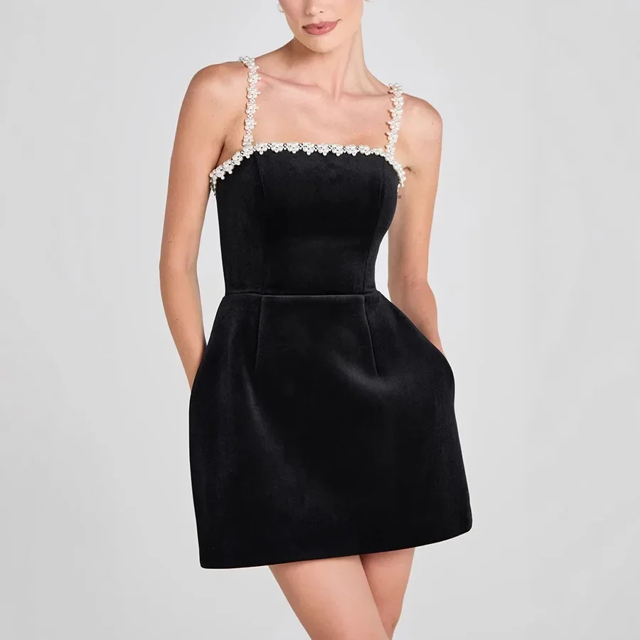 

Sexy Spice Dress Sexy Pearl Suspender Tight Waist Velvet A-Line Skirt Early Spring Fashion Party Dress Women's Dress