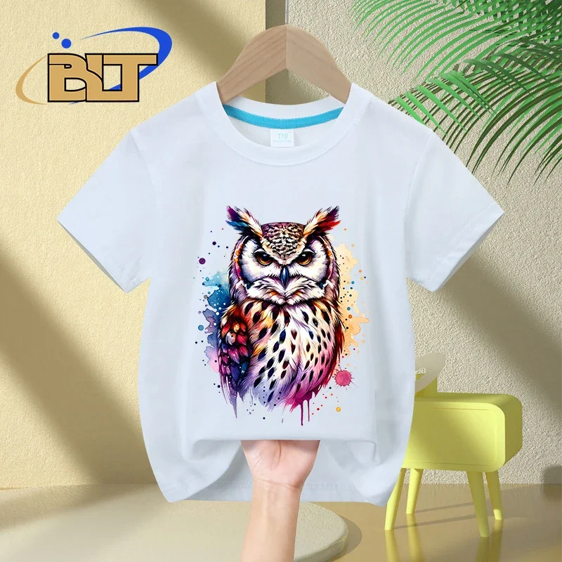 Watercolor Wise Owl print kids T-shirt summer children's cotton short-sleeved casual tops for boys and girls