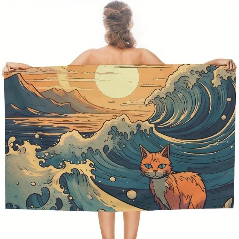 

A modern cartoon cat patterned beach towel, measuring 27.5x55 inches, made of ultra soft polyester knit fabric, machine washable