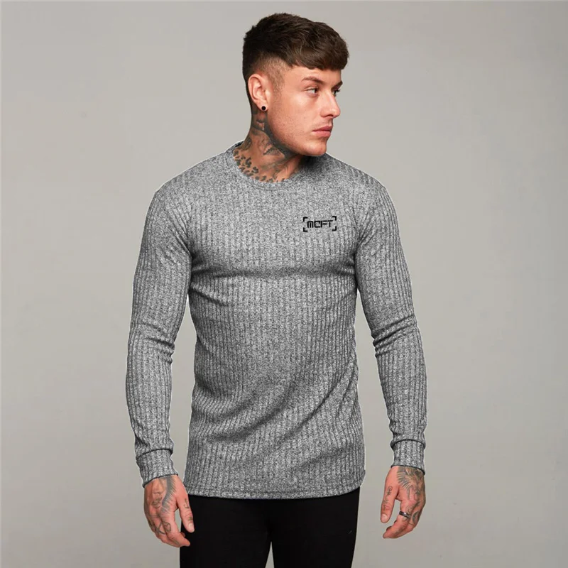 Men Fitnes Long Sleeve Knitwear Running Shirt Quick Dry Polyester Striped Slim Fit Gym Top Breathable Athletic Autumn Sportswear