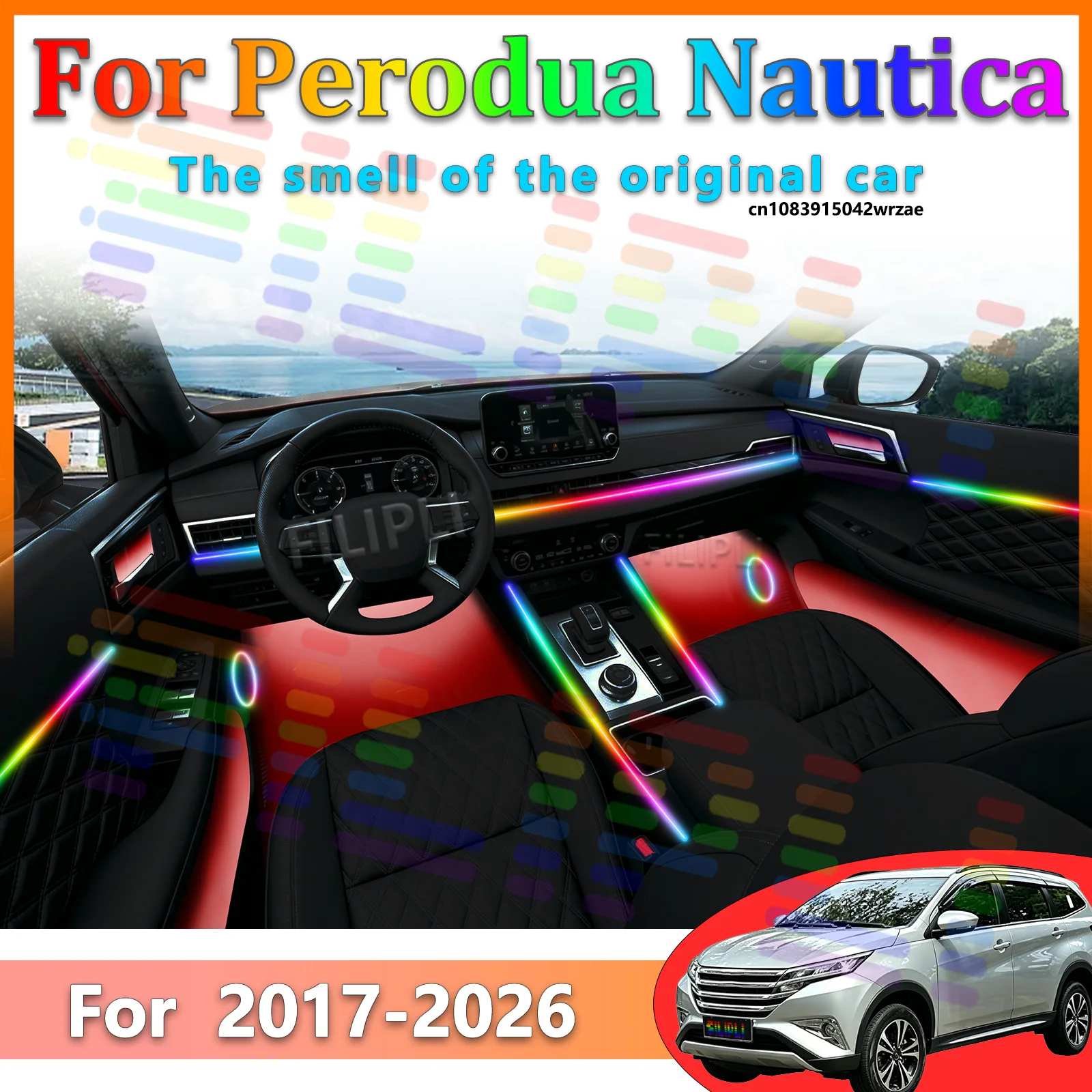 Для Perodua Nautica 2017-2026: 64-цветная RGB LED лента для подсветки салона с управлением через Bluetooth-приложение, эффект динамического свечения, декоративная лампа для автомобиля
