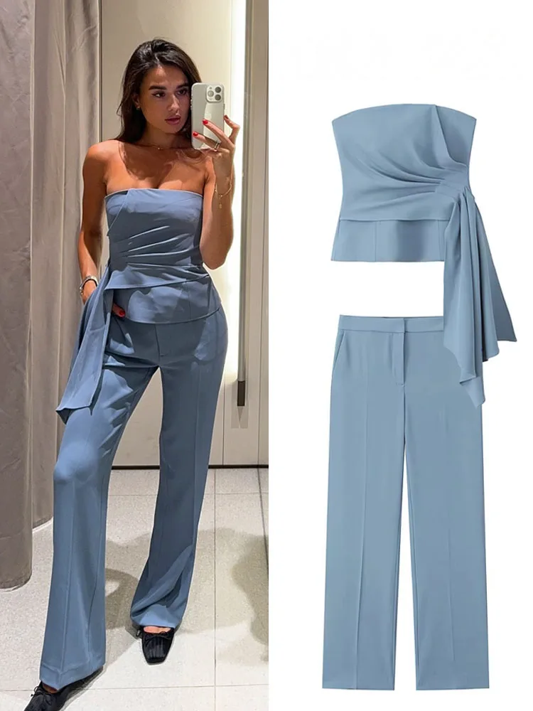 HH Women 2 Piece Set Solid Asymmetric Folds Side Zip Design Short Vest Top+Fashion Pockets High Waist Casual Wide Leg Pants