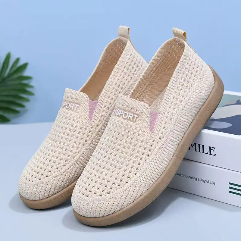 المرأة الربيع الصيف شقة وحيد شبكة حذاء كاجوال لينة وحيد عدم الانزلاق تنفس جولة تو الانزلاق على أحذية منتصف العمر وكبار السن