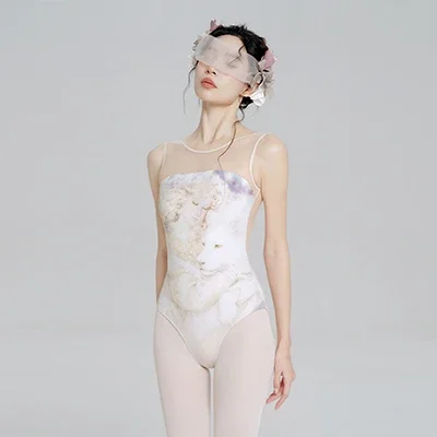

Women Ballet Leotards Printed Vest Sleeveless Dance Leotard Adult Mesh Splicing Gymnastics Bodysuit Ballet Swimwear