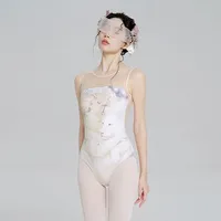 Women Ballet Leotards Printed Vest Sleeveless Dance Leotard Adult Mesh Splicing Gymnastics Bodysuit Ballet Swimwear