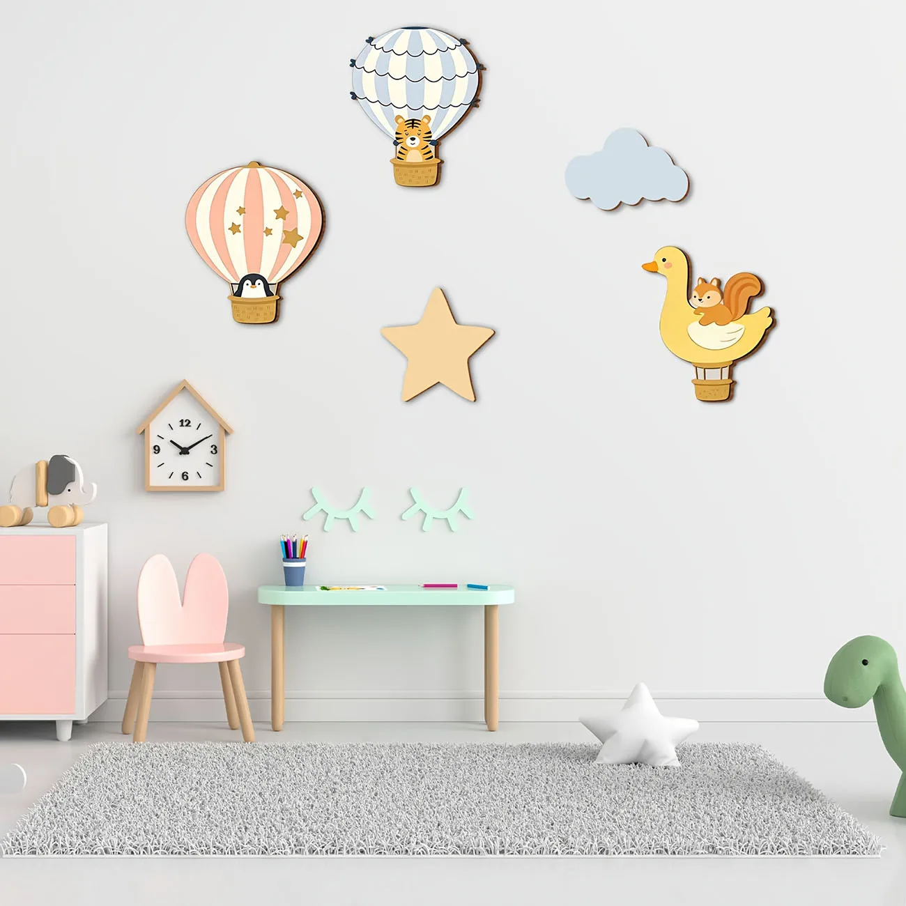 5Pcs Animal Hot Air Balloon Wooden Wall Stickers Nursery Kids Room Decor view 5