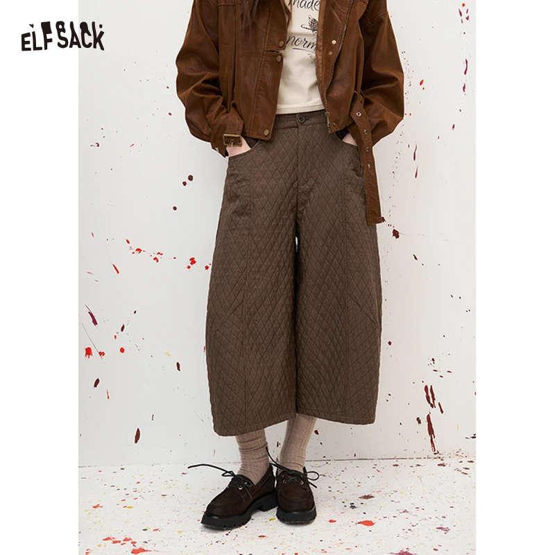 ELFSACK Women's Casual Wide Leg Cropped Pants with Quilted Pattern, Loose Curved Trousers for Daily Wear